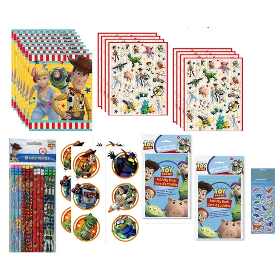 Toy Story Birthday Party Supplies Bundle includes 8 Loot Bags, 8 Pencils, 8 Sticker Sheets, 8 Activity Books, 12 Tattoos, 1 Dinosaur Sticker Sheet