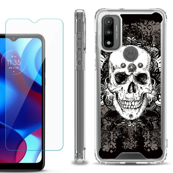 Shockproof Bumper Phone Case for Motorola Moto G Pure, with Tempered Glass Screen Protector, by OneToughShield ® - Grunge Skull