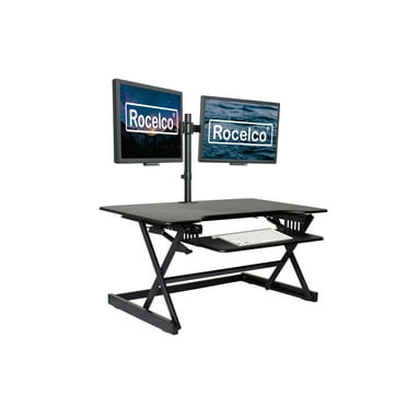 Rocelco 38" Large Height Adjustable Standing Desk Converter | Quick Sit Stand Up Dual Monitor Riser | Gas Spring Assist Computer Workstation | Retractable Keyboard Tray | Black (R DADRB-38)