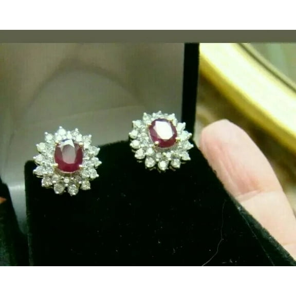 3Ct Oval Cut Red Ruby & Diamond Push Back Double Halo Stud Earrings 14K White Gold Over