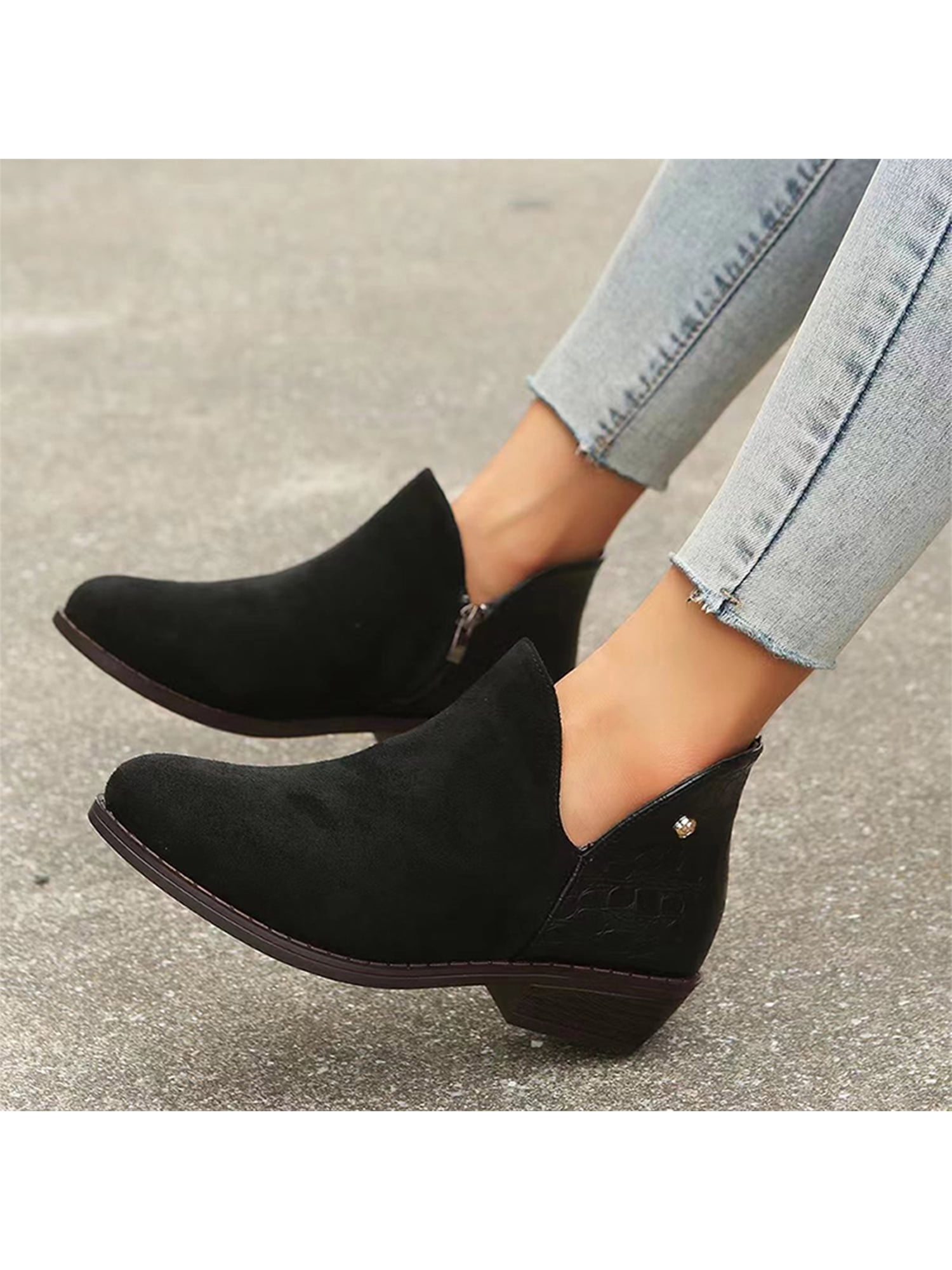 【WEB限定】 Difumos Womens Ankle Boots Side Zip Winter Shoes Chunky Heel ウィッグ・エクステ