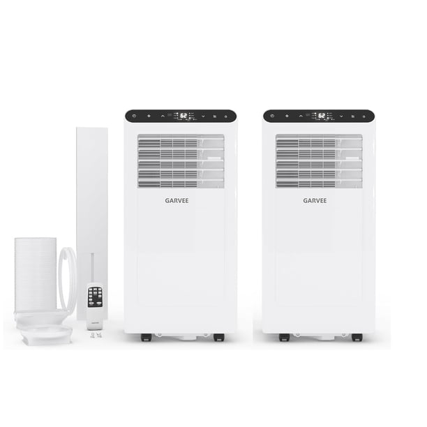 2 Aires Portátiles 8000 BTU - Sistema 3 en 1 de Enfriamiento, Ventilación y Deshumidificación - Control Remoto, Pantalla Digital, Filtro Reutilizable y Fácil Transporte - Blanco y Negro