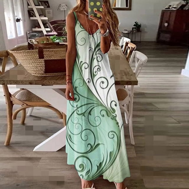 SMihono Robe Maxi Bohème d'Été pour Femmes Grande Taille Mode d'Été Imprimée Col en V Sans Manches Bretelles Robe Chandail Robe de Plage