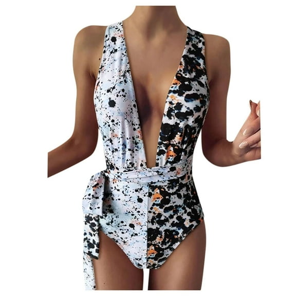 Swimsuits for Women,Women's Irregular Leopard Print Dot Two Color Splicing One Piece Swimsuit Black 4-6(M)