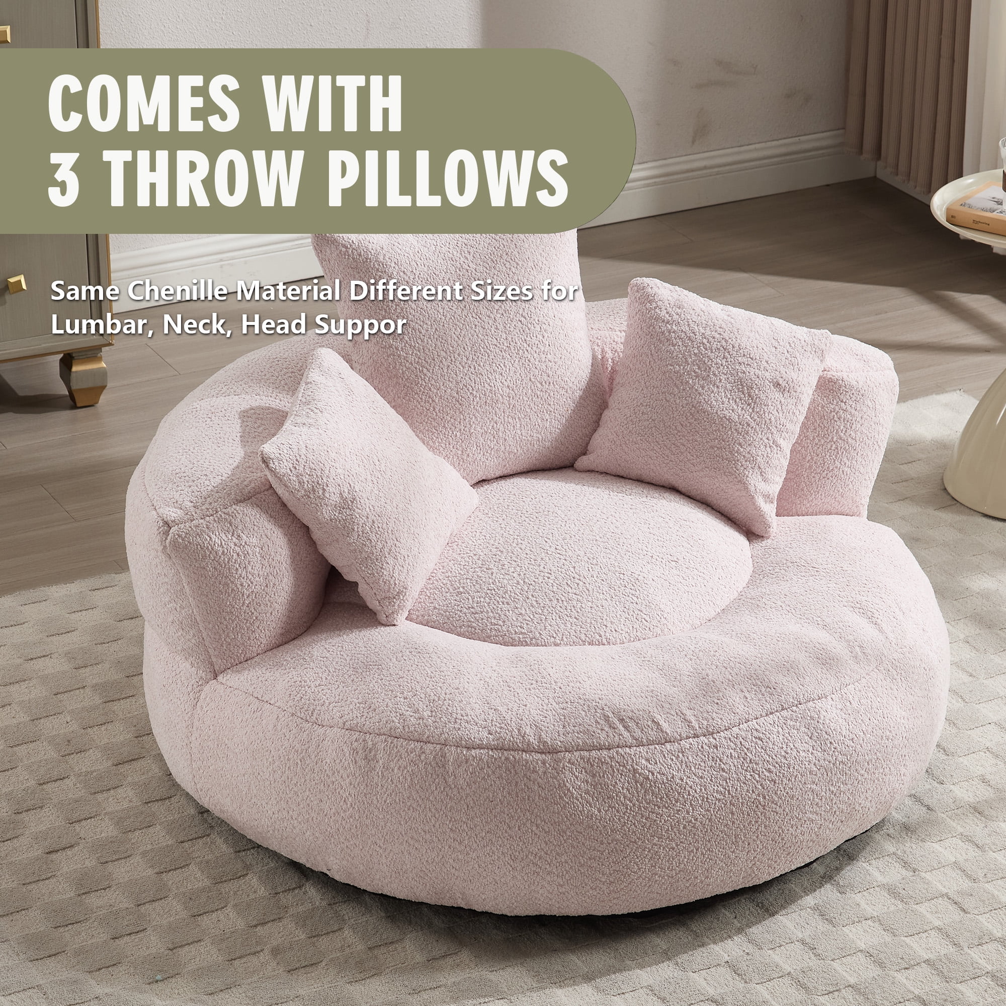 MOONMISS Chenille High Back Lazy Boy Sofa with Throw Pillows for Adults and Children, Indoor Outdoor, Pink