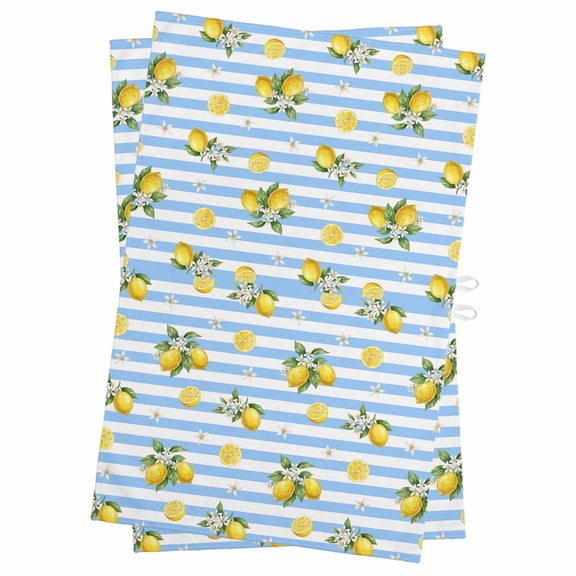 Cute Lemon Summer Kitchen Towels Set of 2, Water Absorbent Dish Towel, Farmhouse Floral Blue Striped Decorative Hand Towels - Quick Drying Cloth for Cooking Baking, 18x28 Inch