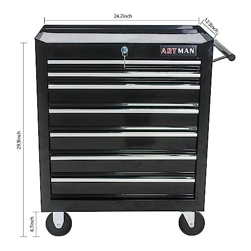 7-Drawer Rolling Tool Chest, Metal Tool Box Organizer with Auto Locking System, Sliding Drawers, Detachable Top, Lockable Wheels, Tool Storage Cabinet for Garage & Workshop