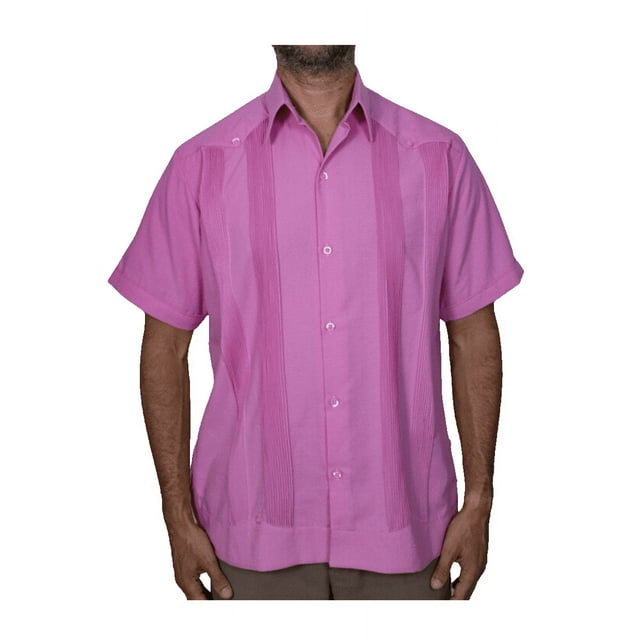 AKAM Guayabera Manga Corta camisa para hombre 100% LINO Hecho en México.Comodidad y estilo para uso casual o formal.Para cualquier tipo de clima (Mediano, talla Regular, Rosa )