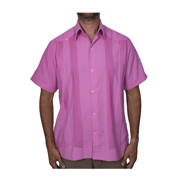 AKAM Guayabera Manga Corta camisa para hombre 100% LINO Hecho en México.Comodidad y estilo para uso casual o formal.Para cualquier tipo de clima (Mediano, talla Regular, Rosa )