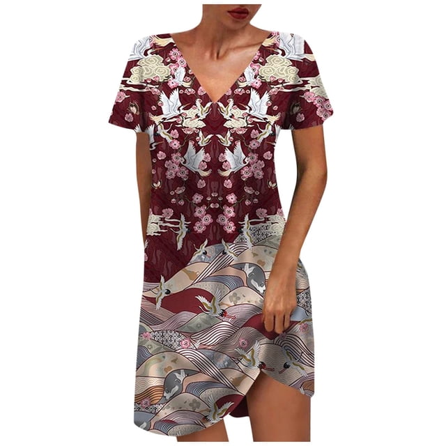 Womens Summer Printing Short Sleeve V Neck Mid Thigh Length Dresses Fashion Dress