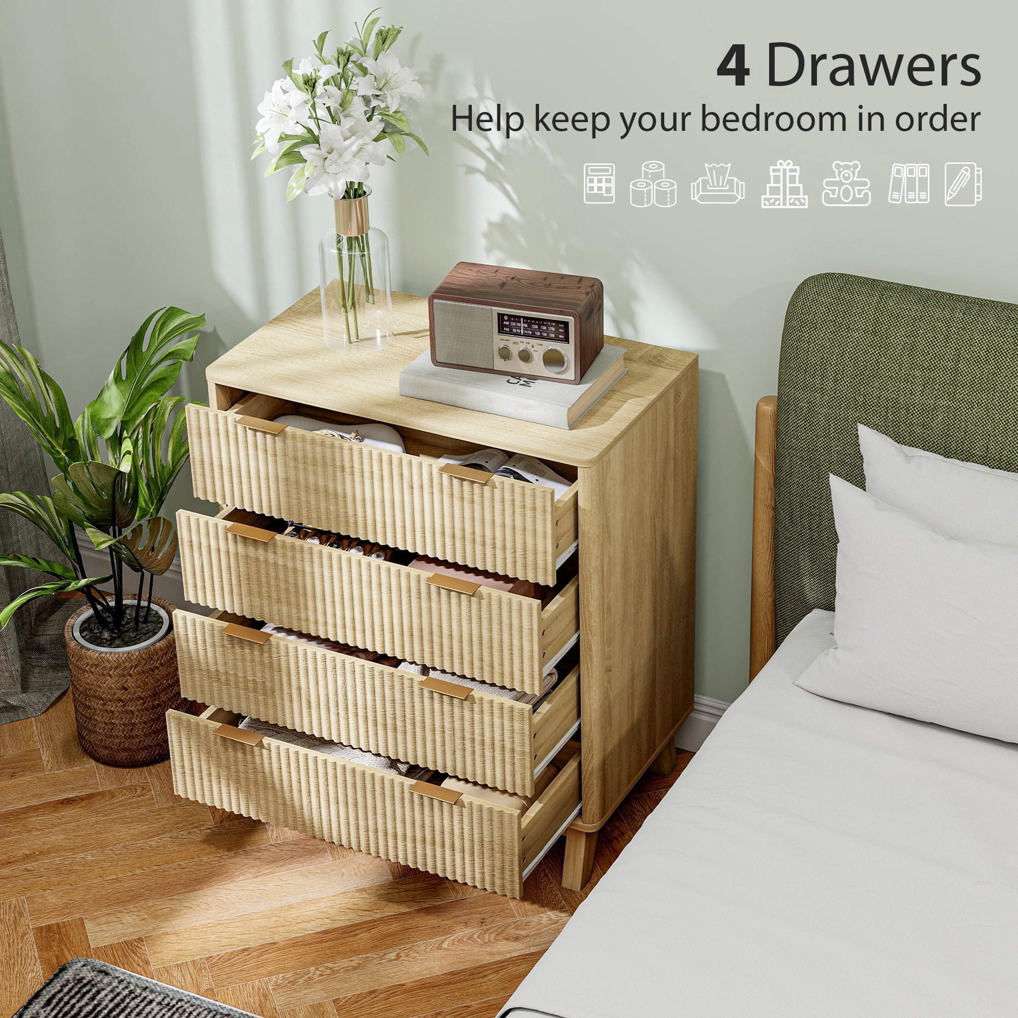 HOMCOM Fluted Dresser for Bedroom with 4 Drawers, Chest of Drawers with Gold Finger Pulls and 4 Wood Legs, Natural Wood