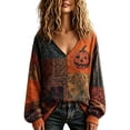 thumbnail image 3 of OIOLOYJM Halloween Long Sleeve Tops for Women Fall Casual V-Neck Pumpkin Graphic Happy Holiday Shirts Loose Fit Comfortable Lounge T Shirts Yellow L, 3 of 5
