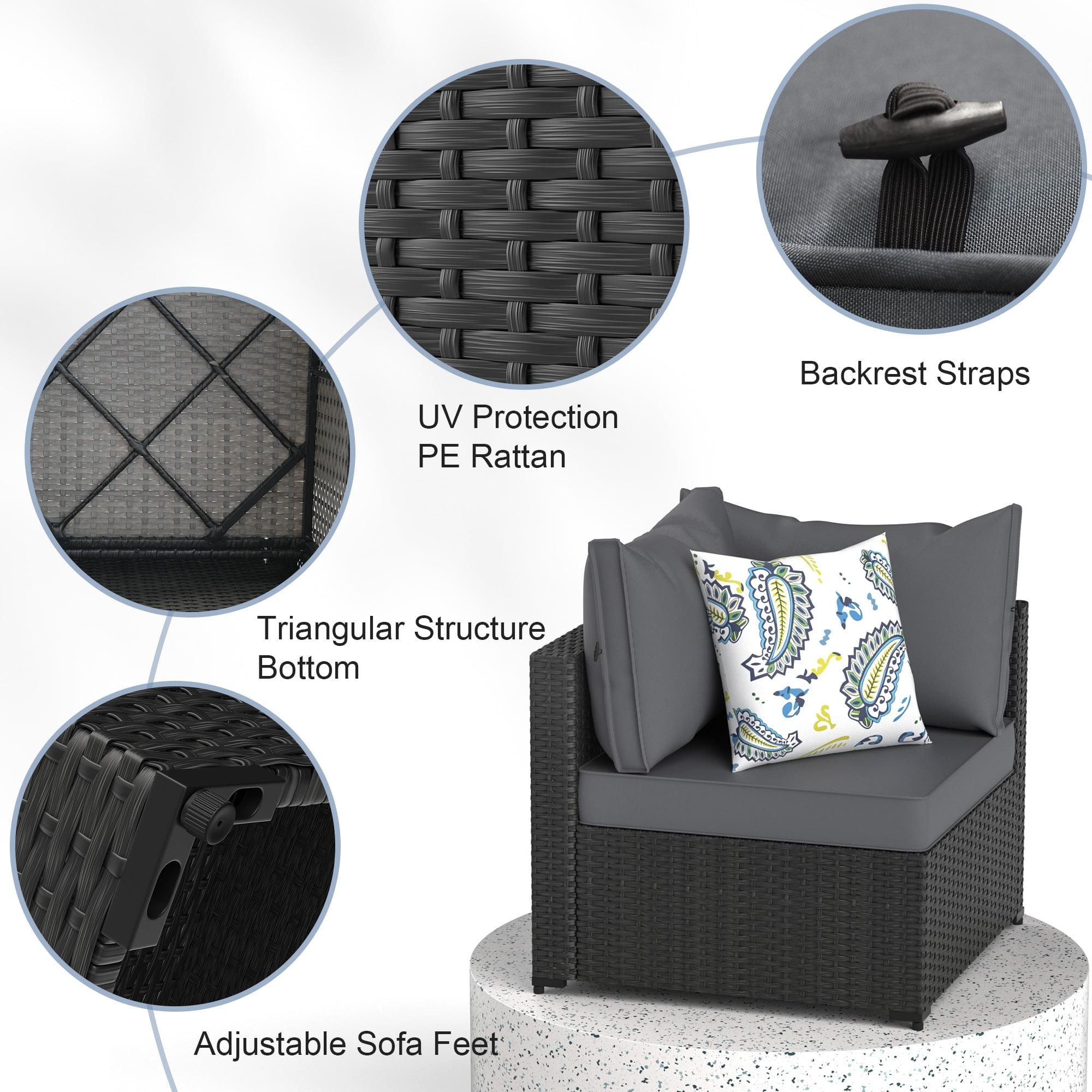 Phonjoroo 5pcs Patio Furniture Sets All Weather Outdoor Sectional Sofa Manual Weaving Wicker Rattan Outdoor Conversation Set with With Cushion And Glass Table, Grey