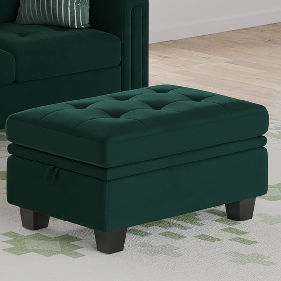 Rectangular Velvet Storage Ottoman With Tufted Top, Deep Green