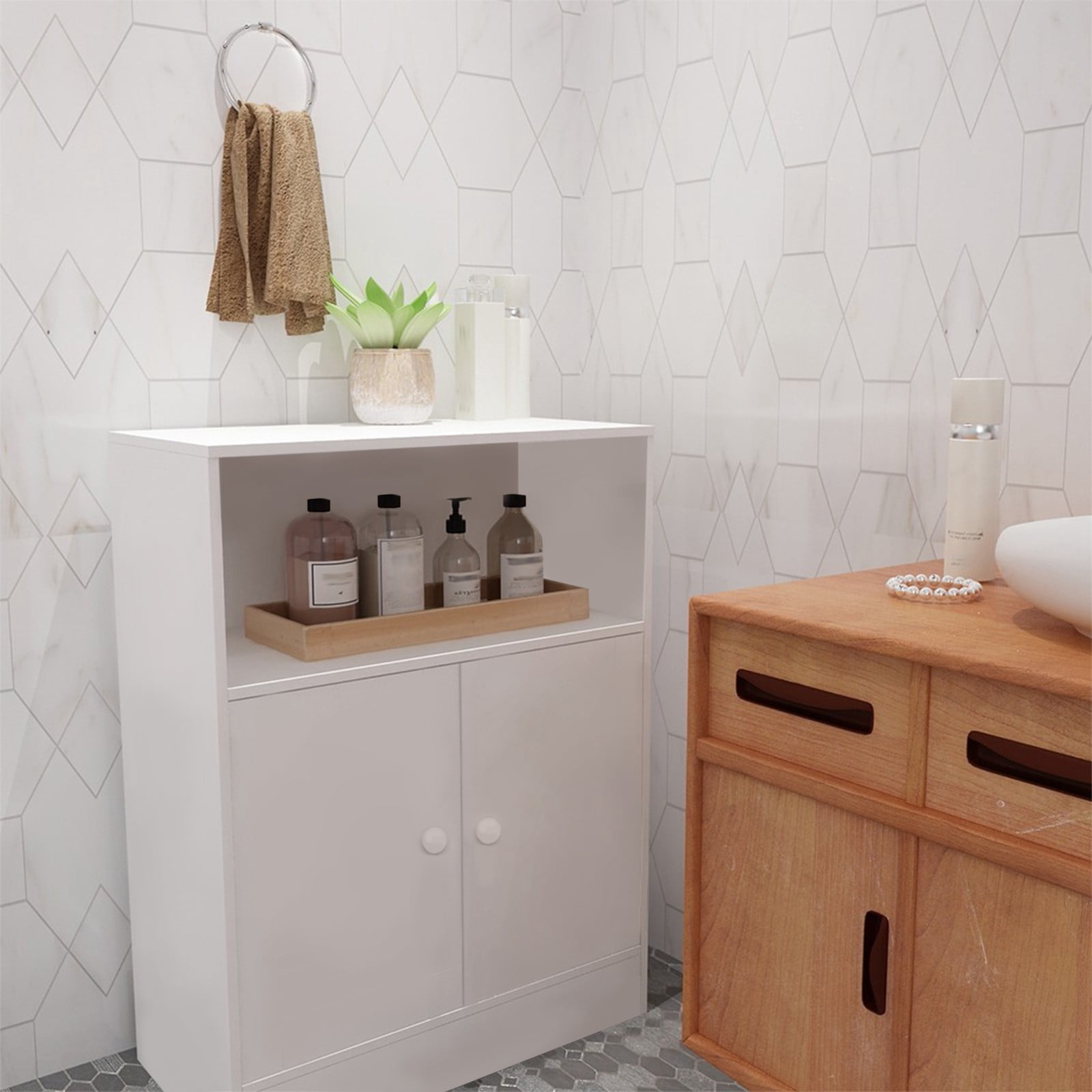 Bathroom Storage Floor Cabinet Free Standing With Two-Door Storage Mount Cabinet 