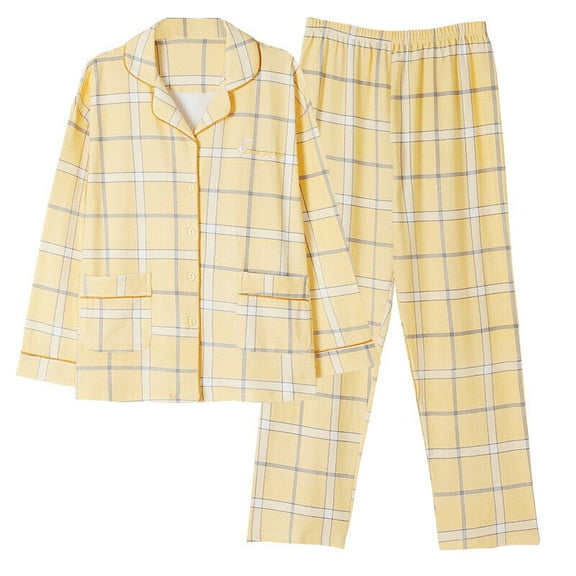 Women's Pajama Set 2 Pcs Long Sleeve 100% Cotton Sleepwear Button Down Lounge Wear Yellow Plaid