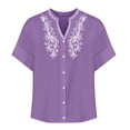 thumbnail image 6 of Jinhomg Women's Linen Shirt Short Sleeve Floral Embroidery Collarless Button Down Shirts Relaxed Fit Summer Beach Blouses Purple XL, 6 of 7