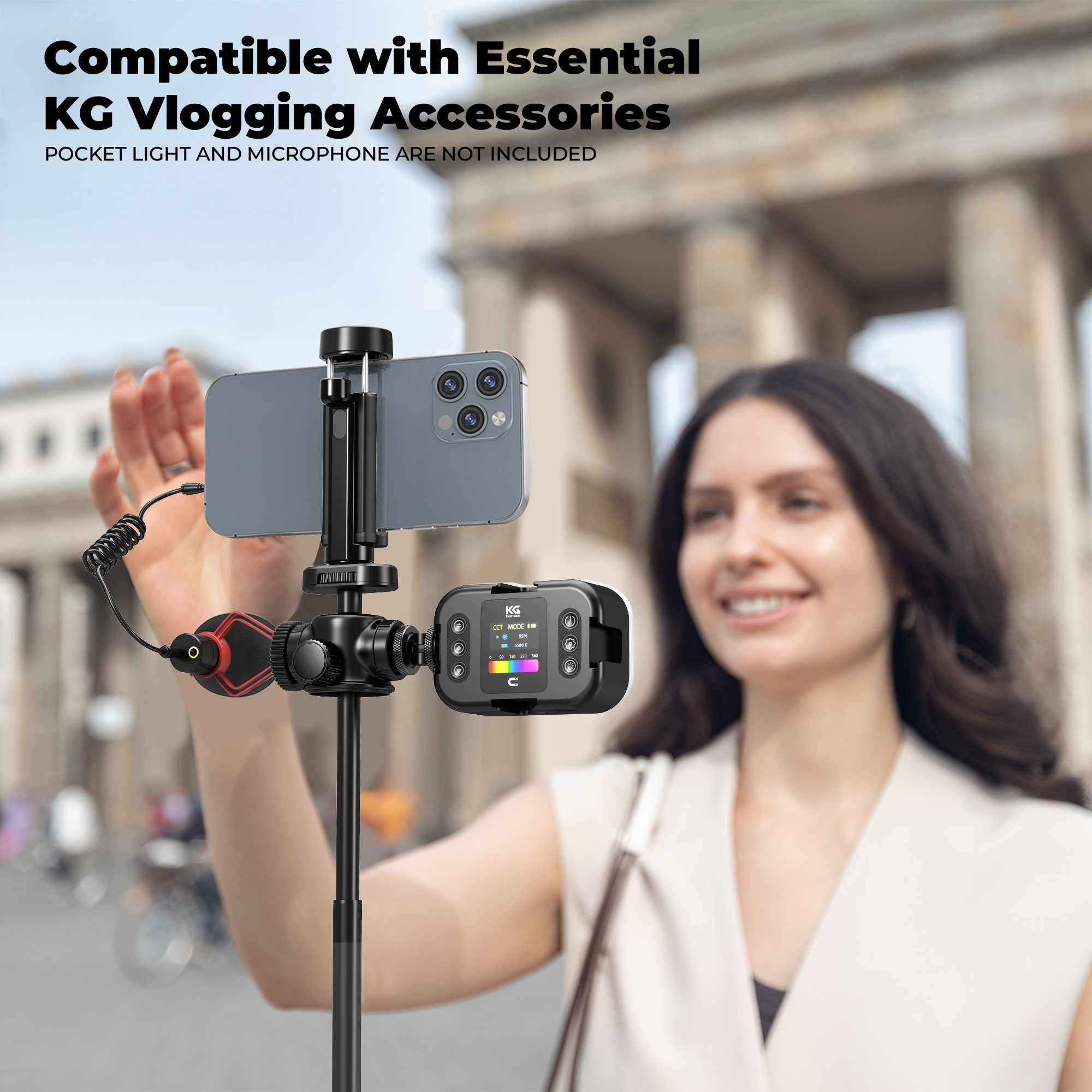 KraftGeek Vlogging Tripod for Phone & Camera & Pocket 3, 60‘’ Tripod Selfie Stick with Remote, 3 Cold Shoe Mounts for Light & Microphone (Not Included) - Black