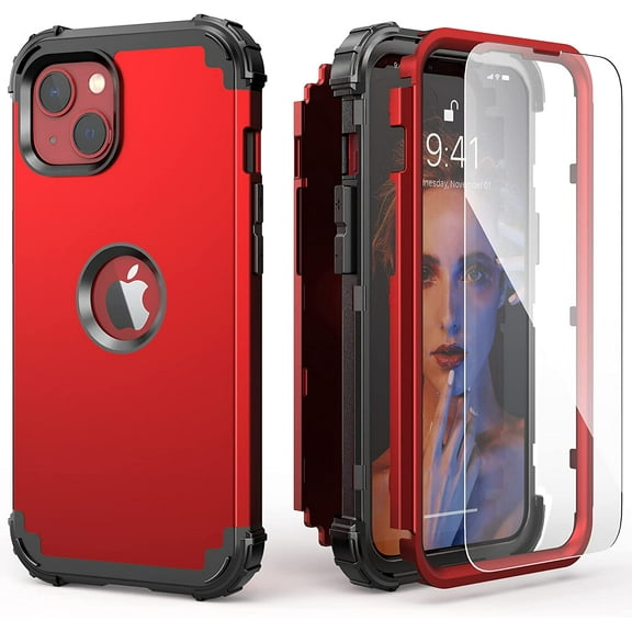 for iPhone 15 Case with Tempered Glass Screen Protector, 3 in 1 Shockproof Slim Hybrid Heavy Duty Hard PC Cover Soft Silicone Bumper Full Body Case,Red