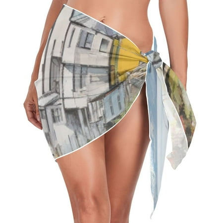 Houses Sea Painting Women Coverups Beach Cover Up Chiffon Swimsuit Bikini Wrap Short Skirt Beach Slit Tie Waist