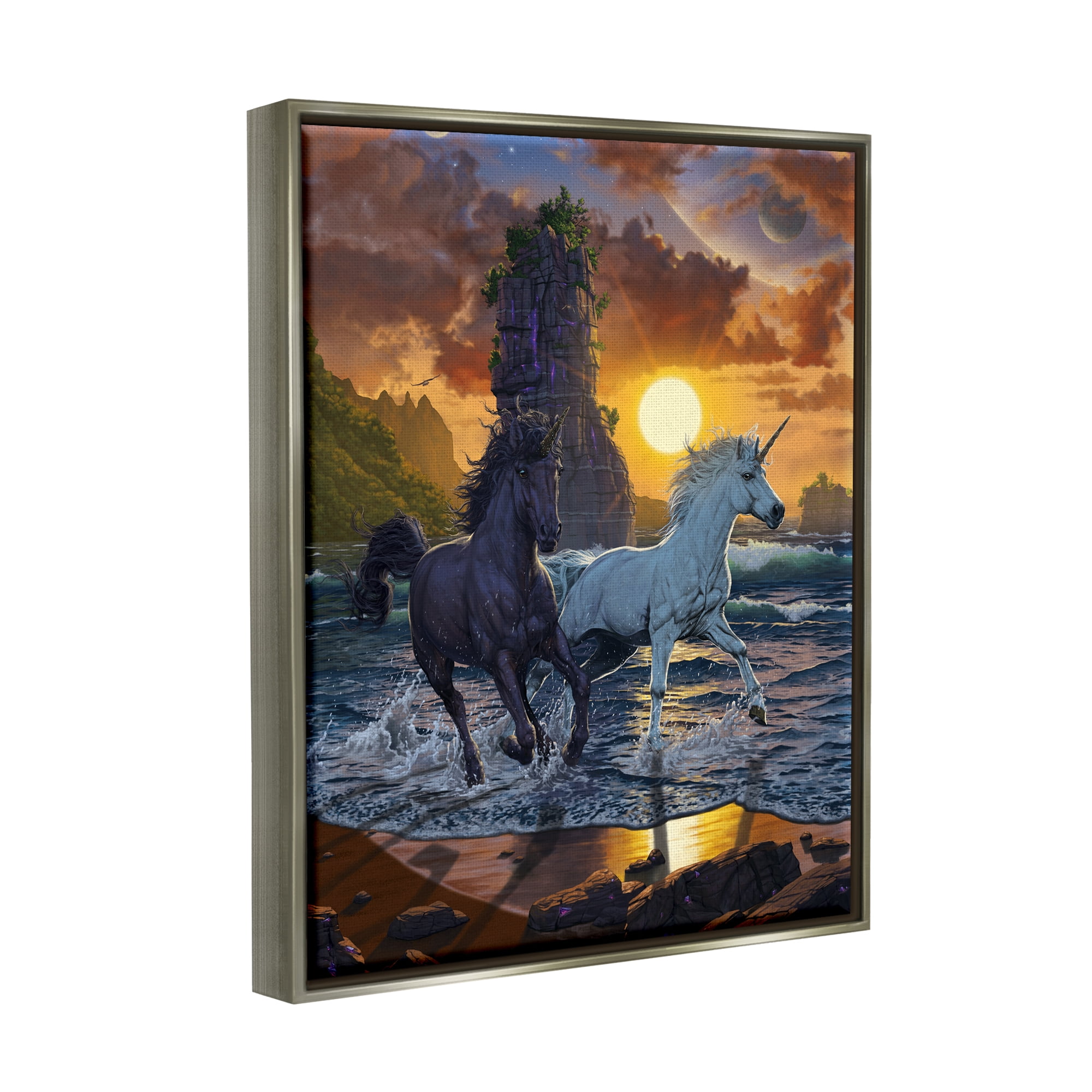 Stupell Industries Unicorns on Beach Fairy Tales & Fantasy Painting Gray Floater Framed Canvas Art Print Wall Art, 25 x 31