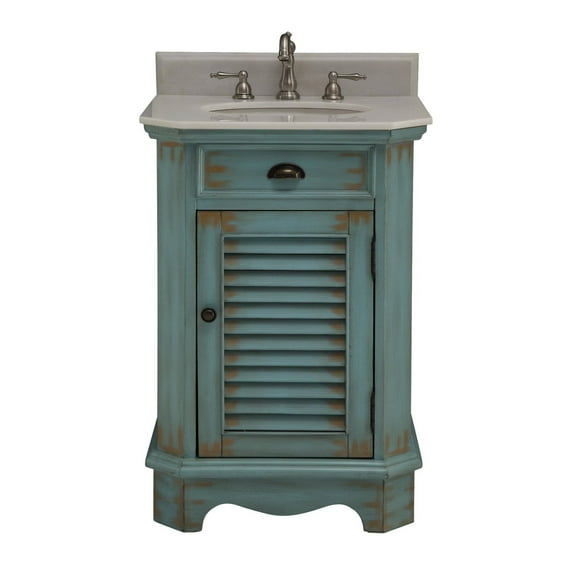 Benton Collection 24" Distressed Blue Bathroom Vanity with White Marble Top
