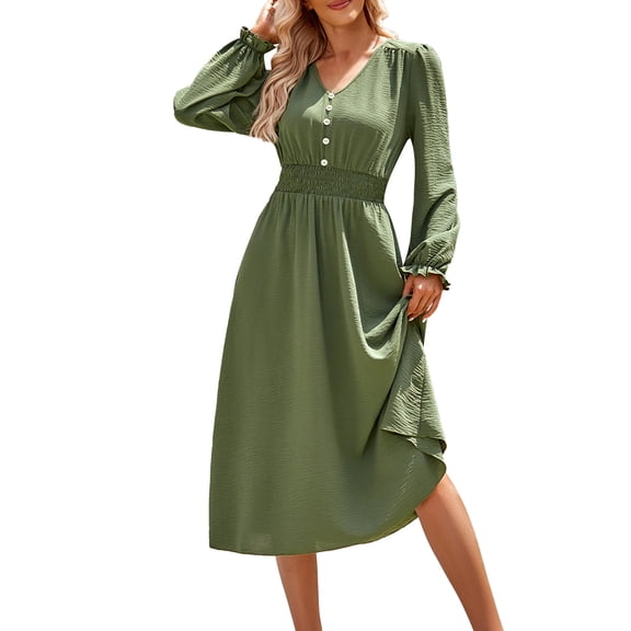 Leey-World Dresses for Women 2025 Elegant Classy Womens Summer Dress Ruffle Sleeve V Neck Dresses Fashion Casual Fit Flowy Tiered Boho Beach Vacation Sundress Green,S