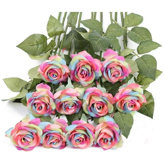 Artificial Roses 10pcs Rainbow Flowers Silk Flowers with Stems Fake Colorful Roses Diy Home Wedding Party Garden Decorations