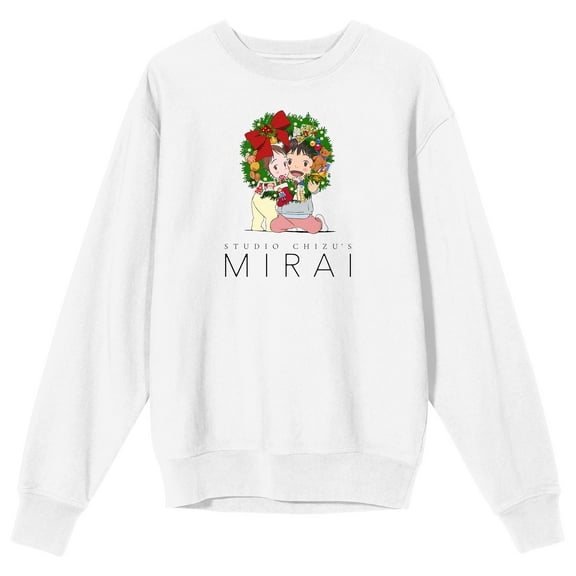 Studio Chizu's Mirai Kids Behind Wreath Crew Neck Long Sleeve White Adult Sweatshirt-Medium