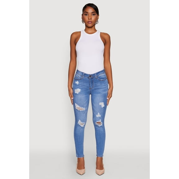 Womens WAX Mid Rise Distressed Jeans