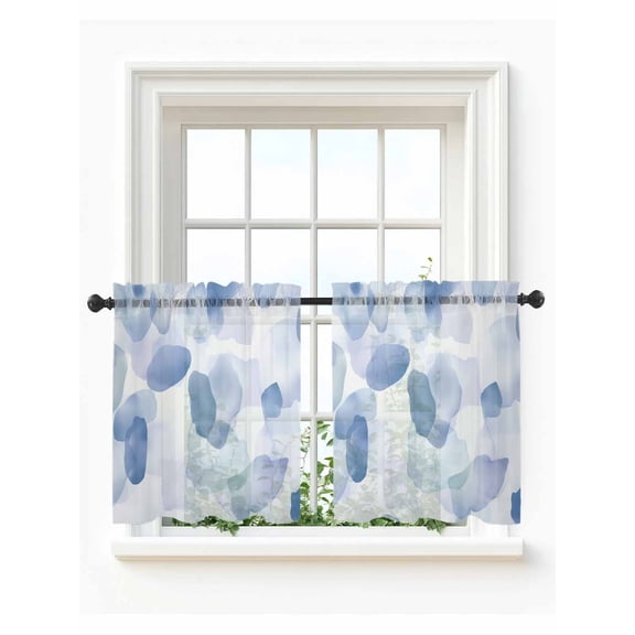 Blue Tier Curtains 24 Inch Length, Sheer Curtains for Bedroom Living Room Window Watercolor Abstract Geometric Art Rod Pocket Voile Drapes Kitchen Curtains Small Half Window 27.5"x24" 2 Panels