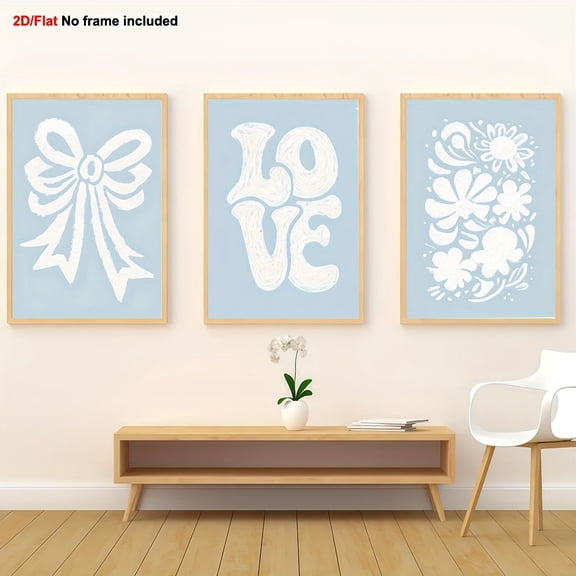 [2D Flat] 3pcs, Fun Canvas Wall Decor, Girl Bedroom Decoration, Three-Piece Set of College-Style Wall Art, Wall Art Hanging, Floral Wall Art, Girl Wall Art, 2D Flat, Perfect for Room Decor, Blue Bow