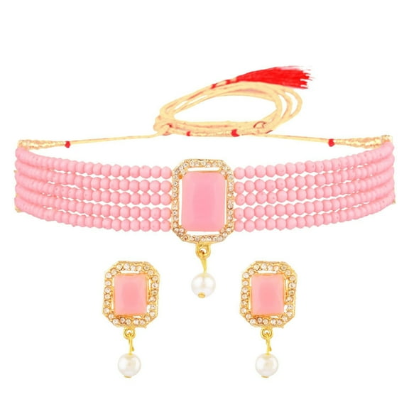 Efulgenz Indian Jewelry Set Crystal Choker Faux Pearl Multi Layered Strand Beaded Necklace Earrings Bollywood Jewelry Set for Women, Pink, Perfect Valentines Day Gifts for Her