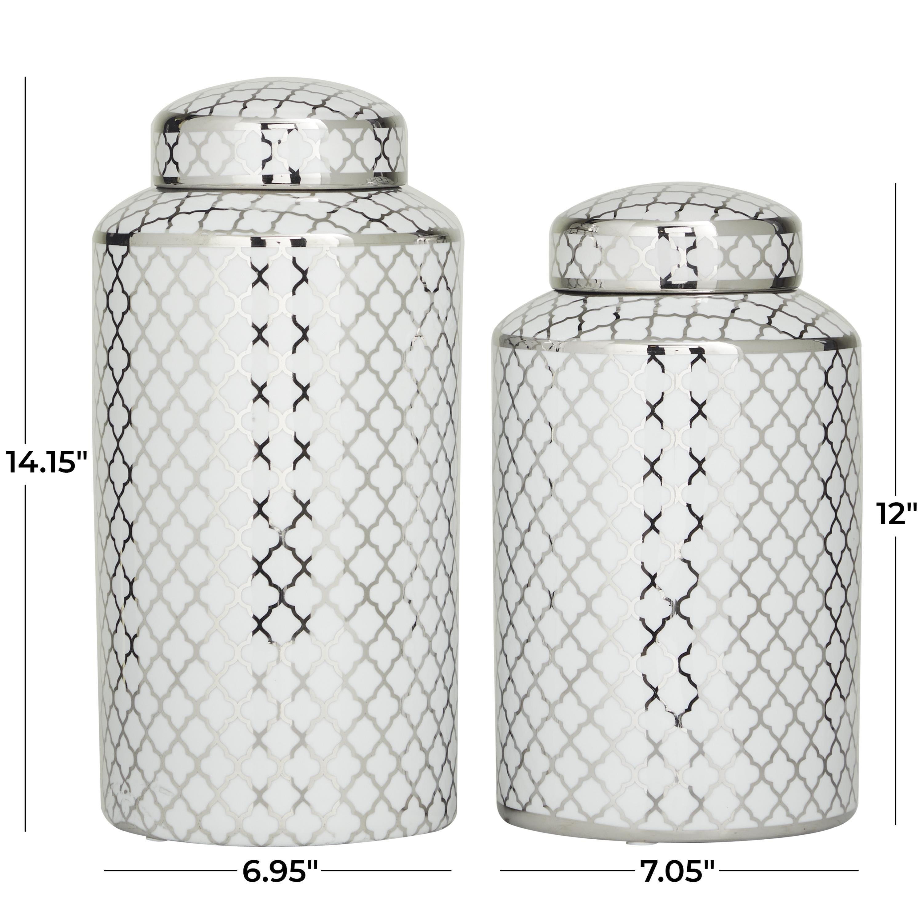 DecMode 14", 12"H Silver Ceramic Geometric Decorative Jars with Silver accents, 2-Pieces