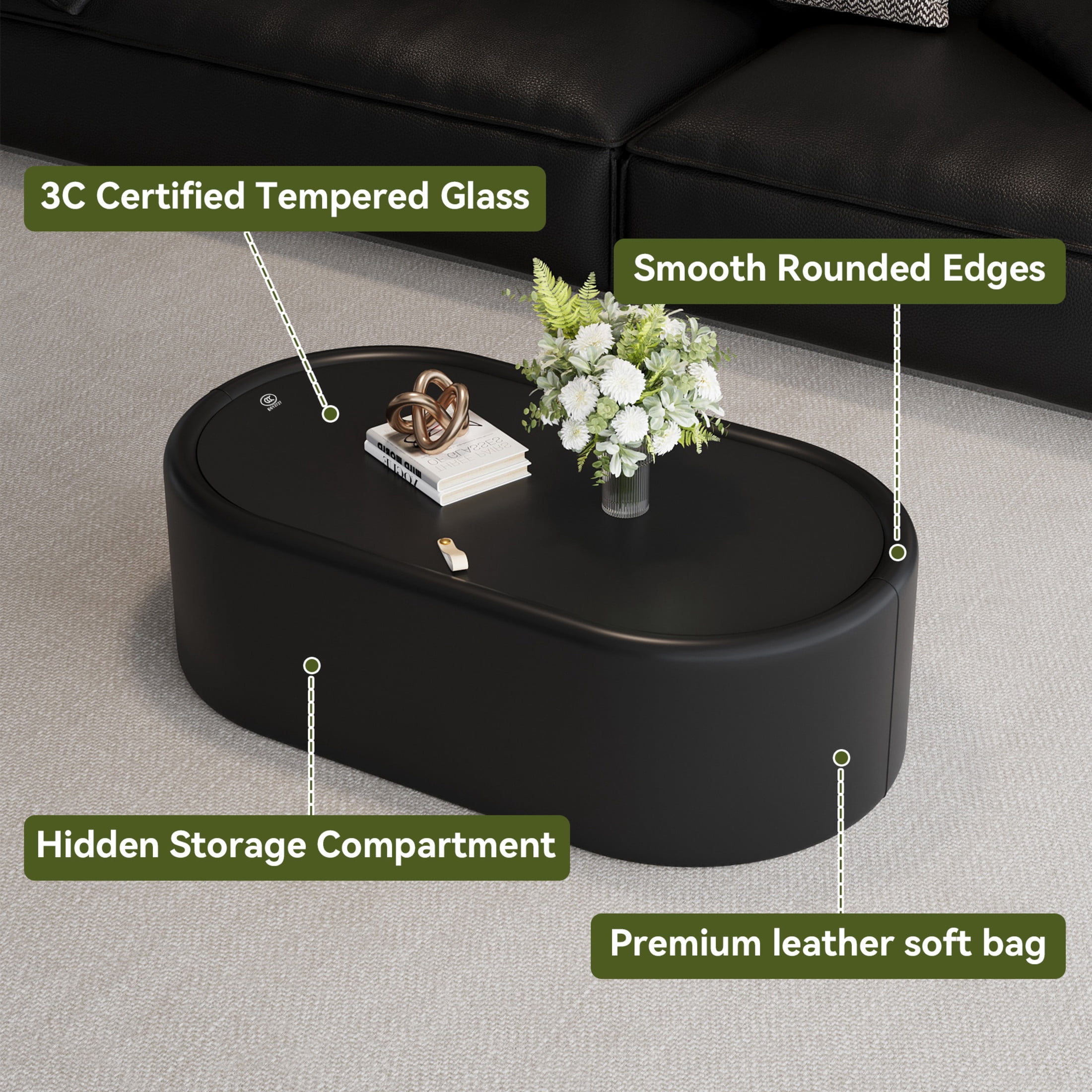 Noble House Morade 33.5" Fluted Curved Rectangle Storage Coffee Table with Glass Top & Leather Wrapped for Living Room, Black