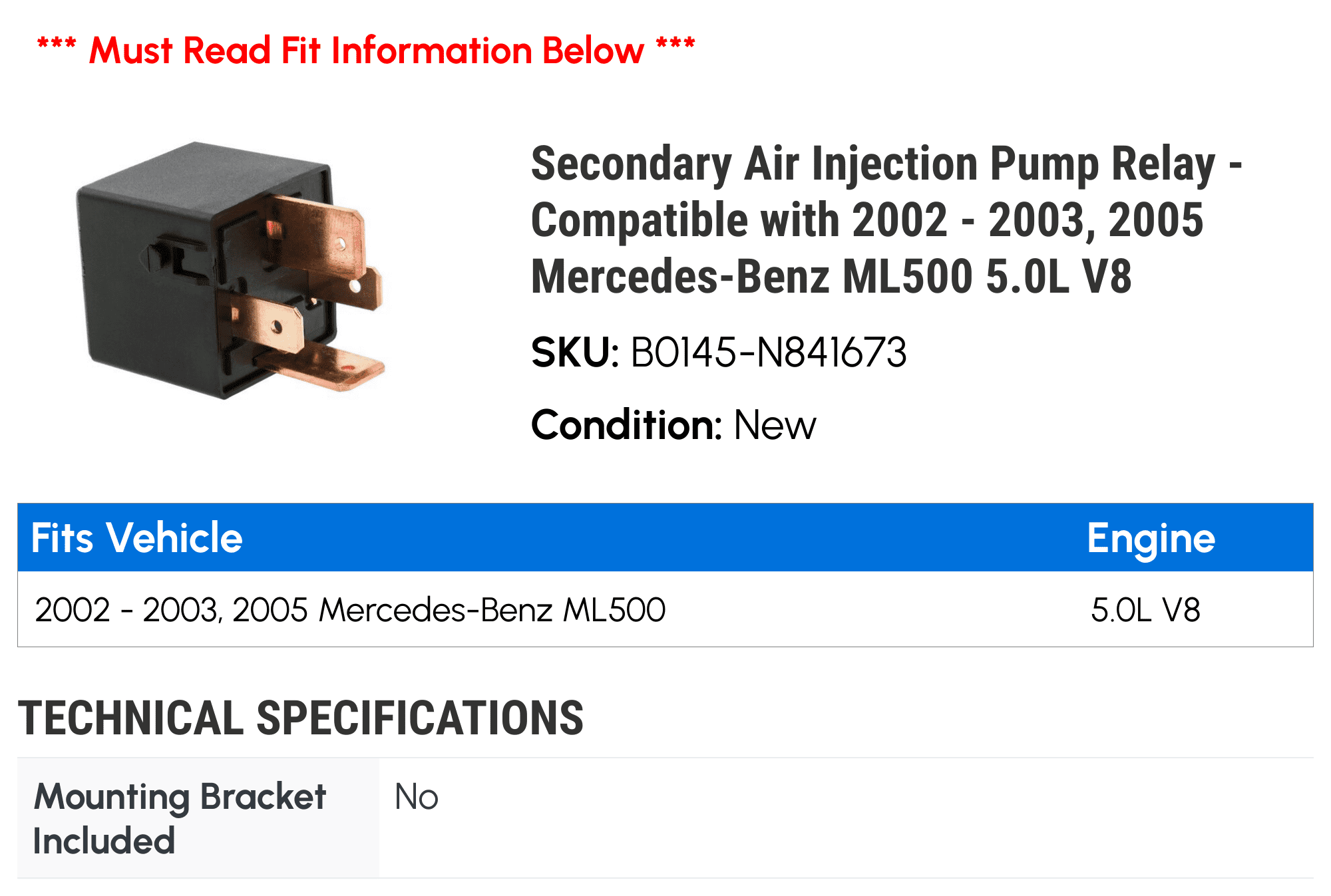 Secondary Air Injection Pump Relay - Compatible with 2002 - 2003, 2005 Mercedes-Benz ML500 5.0L V8
