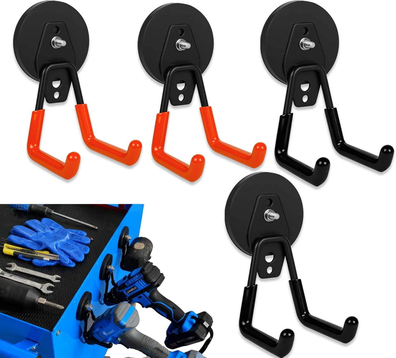 RGHJAR-4 Pack Strong Magnet Hooks Heavy Duty, Rubber Coated No Damage Hook for Garage Storage, Dual Hook Design, Large Magnetic Hangers for Tools, Garden, Workshop (Orange2pcs + Black2pcs)