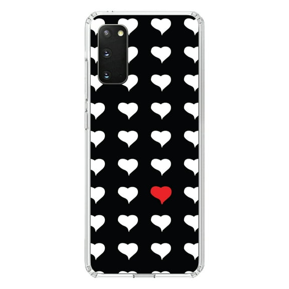 DistinctInk Clear Shockproof Hybrid Case for Galaxy S20 ULTRA / 5G (6.9" Screen) - TPU Bumper, Acrylic Back, Tempered Glass Screen Protector - Red White Black Repeating Hearts