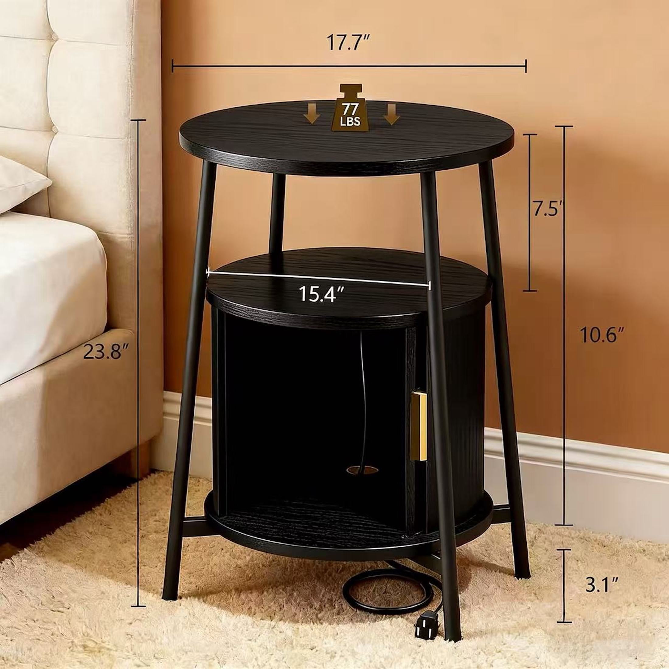 AISWORD Nightstand with Charging Station, Modern Round Bedside Table with Sliding Door Storage, Black