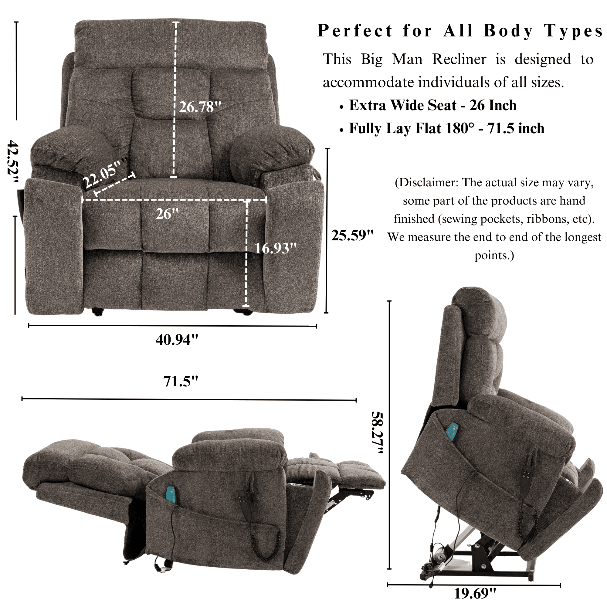 JUUXO Oversized Lift Recliner Chair Lay Flat 71" Length, 26-inch Extra Wide Seat Big Man Recliner, Large Power Lift Chair with Heated Massage & Hidden Cup Holder, 400 lbs