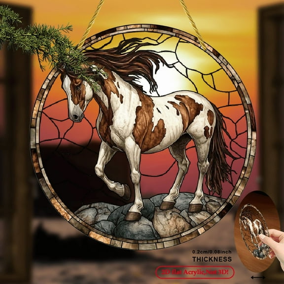 2D Flat, 1pc Majestic Horse Acrylic Wall Art, Western Style Sun Catcher Window Decor, Vibrant Design with Stained Glass Effect, Holiday Home Office Ornament, Unique Gift for Horse Lover.8x8inch