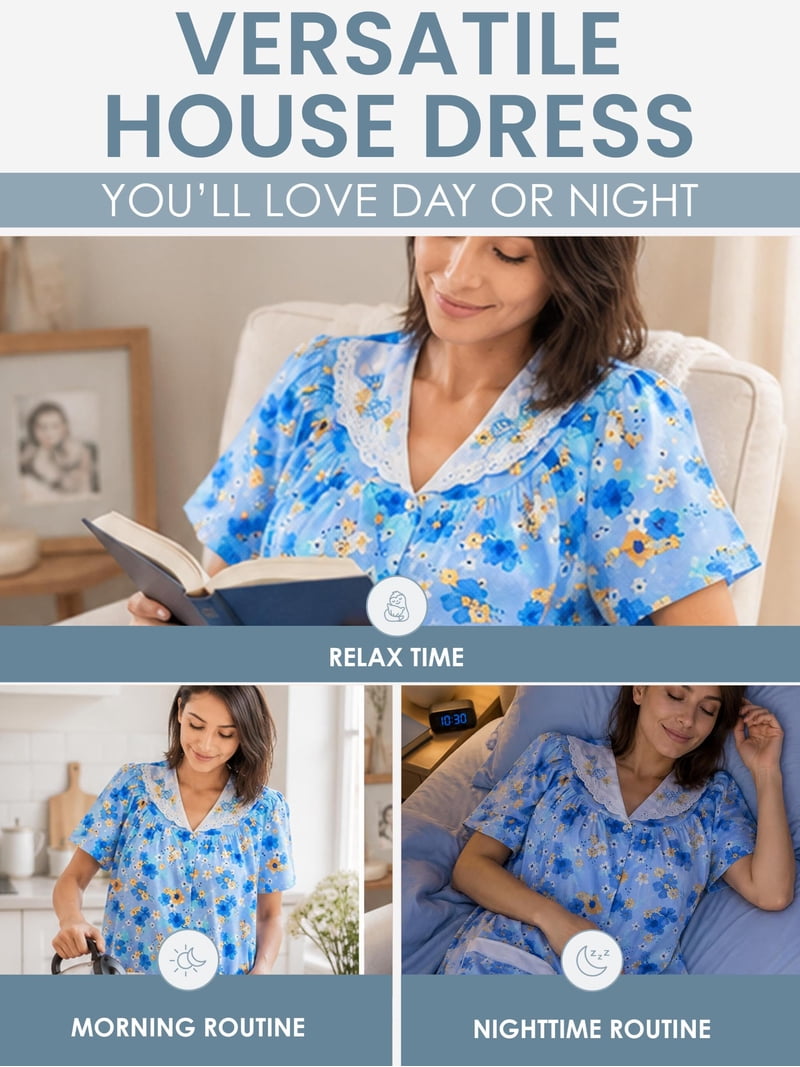 Casual Nights, Women's Snap Front House Dress, Blue, S - Walmart.com