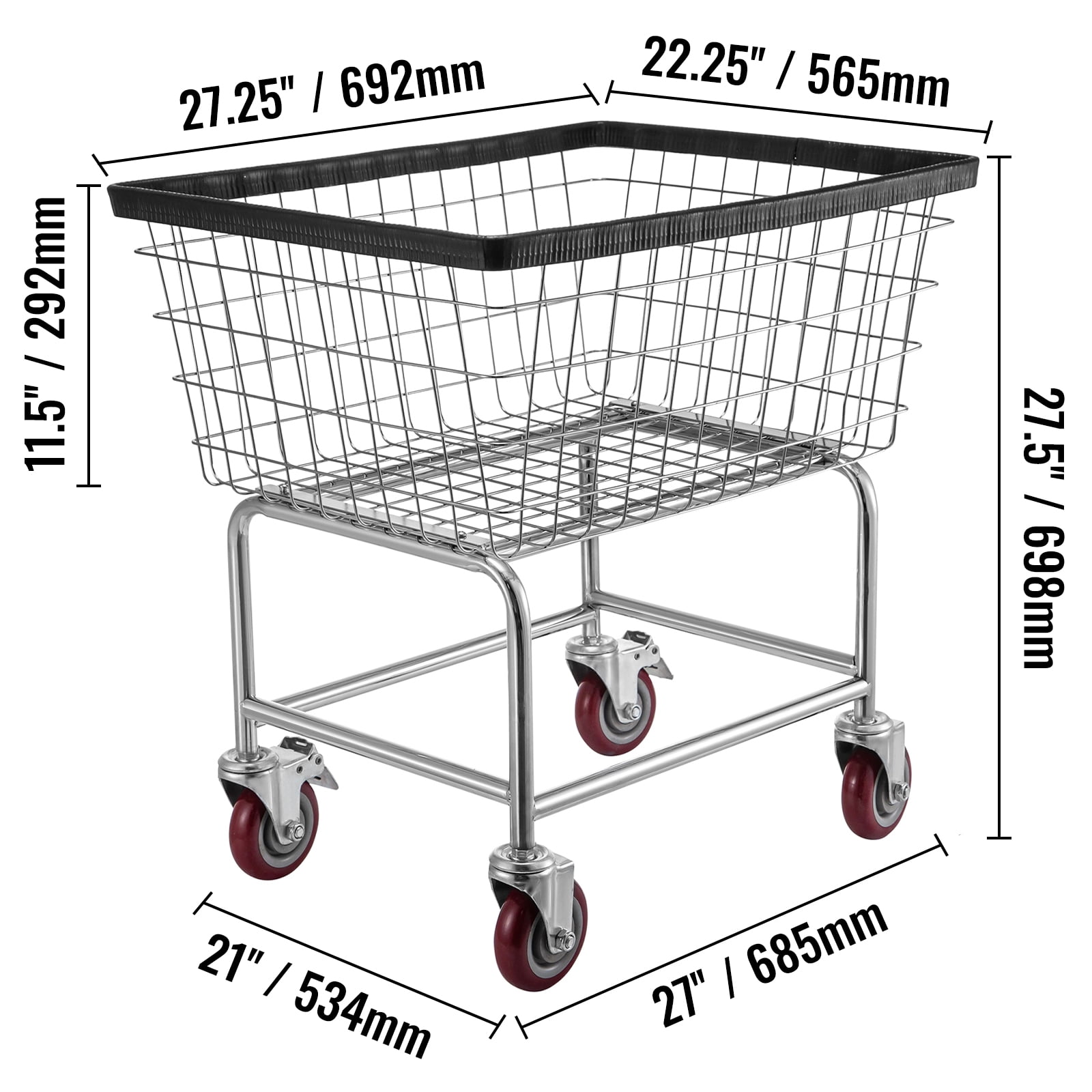 KFFKFF 2.8 Bushel Wire Laundry Basket Wire Laundry Cart with Wheels, 20''x15.7''x26'' Commercial Steel Frame with Chrome Finish, 4inch Casters, Wire Basket Cart for Laundry