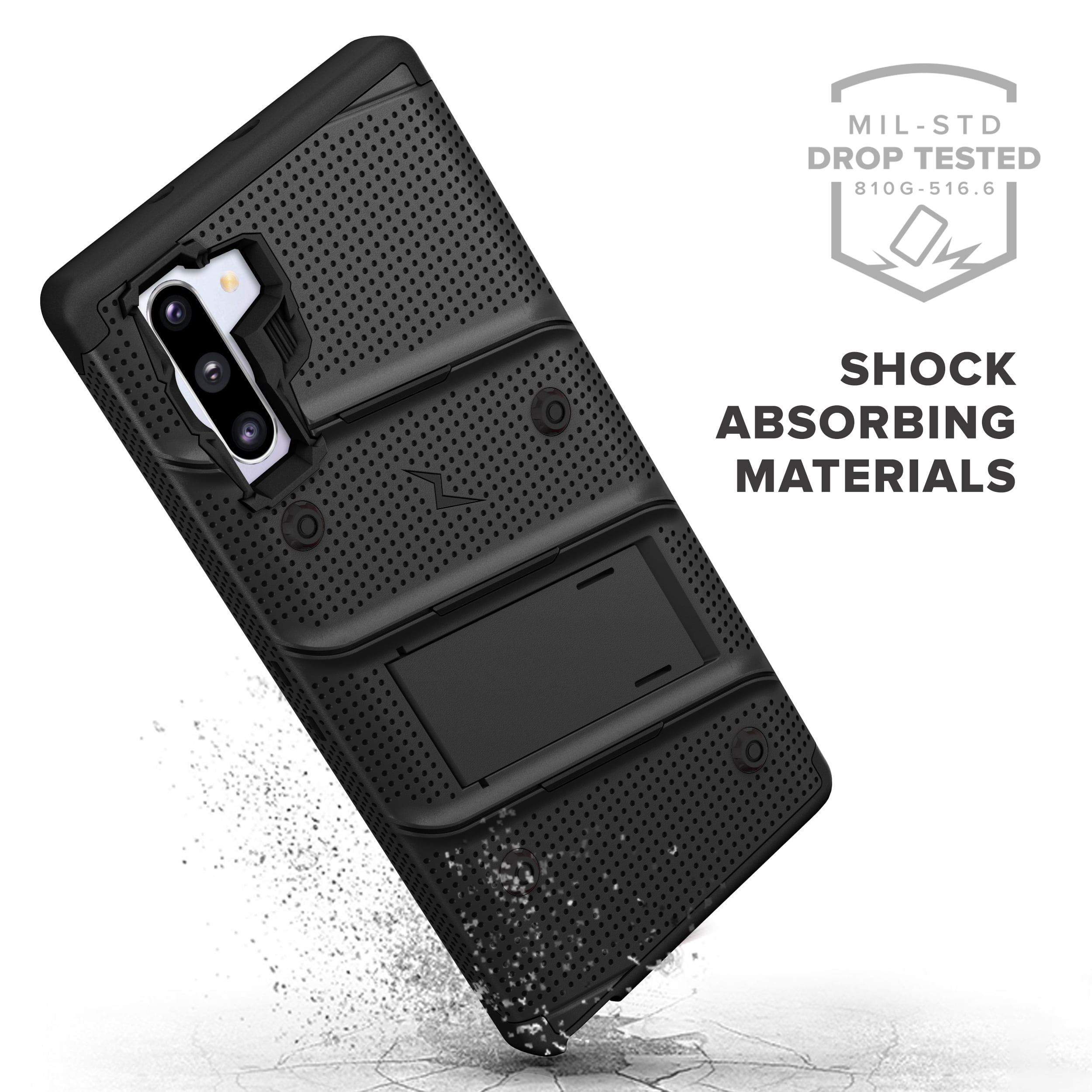 ZIZO BOLT Series for Samsung Galaxy Note 10 Case | Heavy-duty Military-grade Drop Protection w/ Kickstand Included Belt Clip Holster Lanyard (Black/Black)