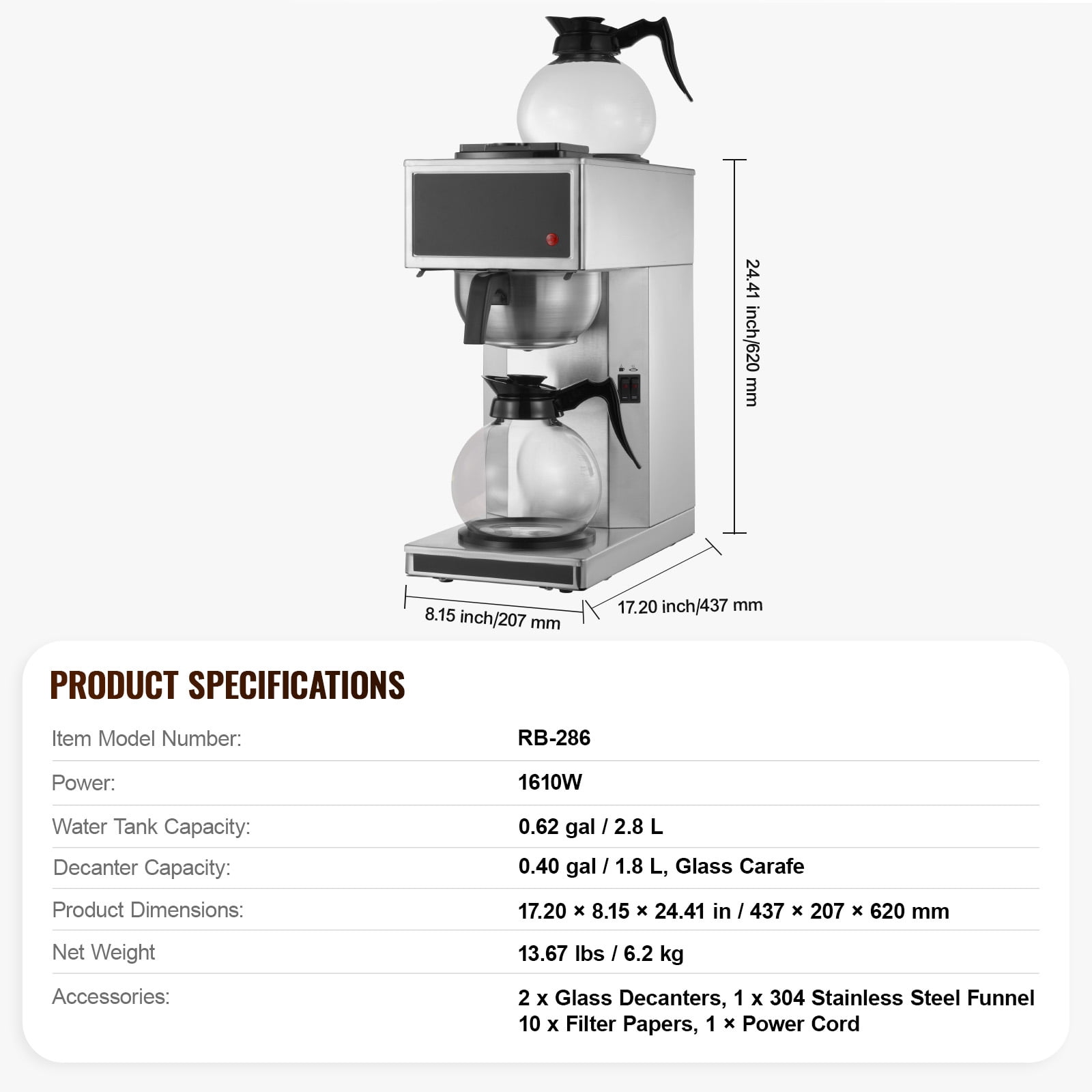 KFFKFF Commercial Drip Coffee Maker, 12-Cup Machine with Dual Glass Carafes and Two Warming Plates, Stainless Steel Brewer for Restaurants, Offices, Cafes, and Homes