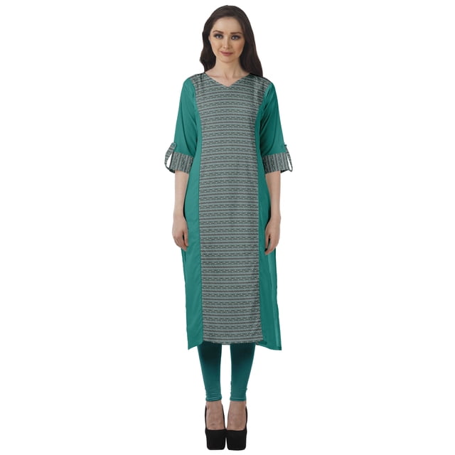 Moomaya Tunique Droite à Col en V pour Femmes, Manches Roulées, Kurta en Coton Imprimé