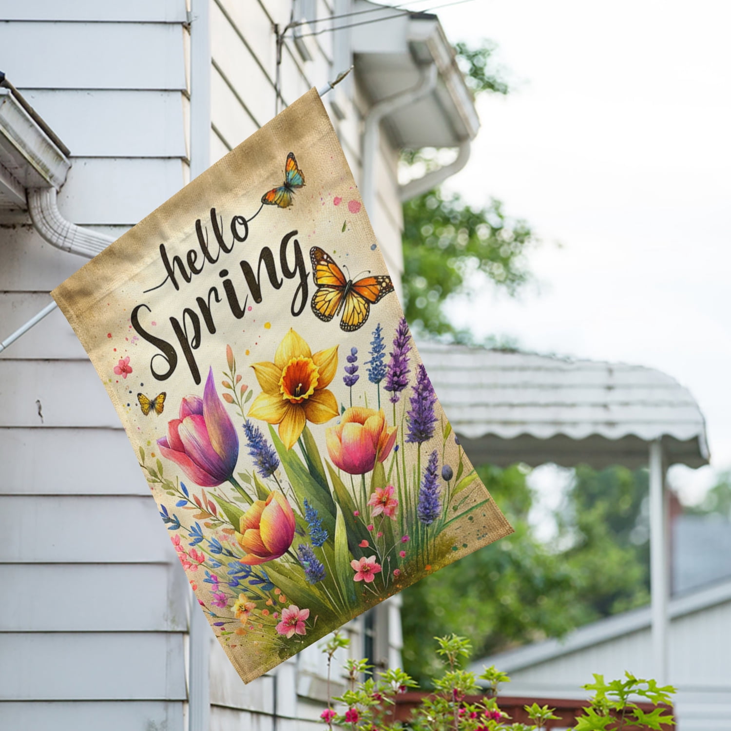 America Forever Hello Spring Floral House Flag, 28x40 inch Double Sided, Flower Large Farmhouse Yard Outdoor Decoration, Spring Summer Seasonal Decor Flag
