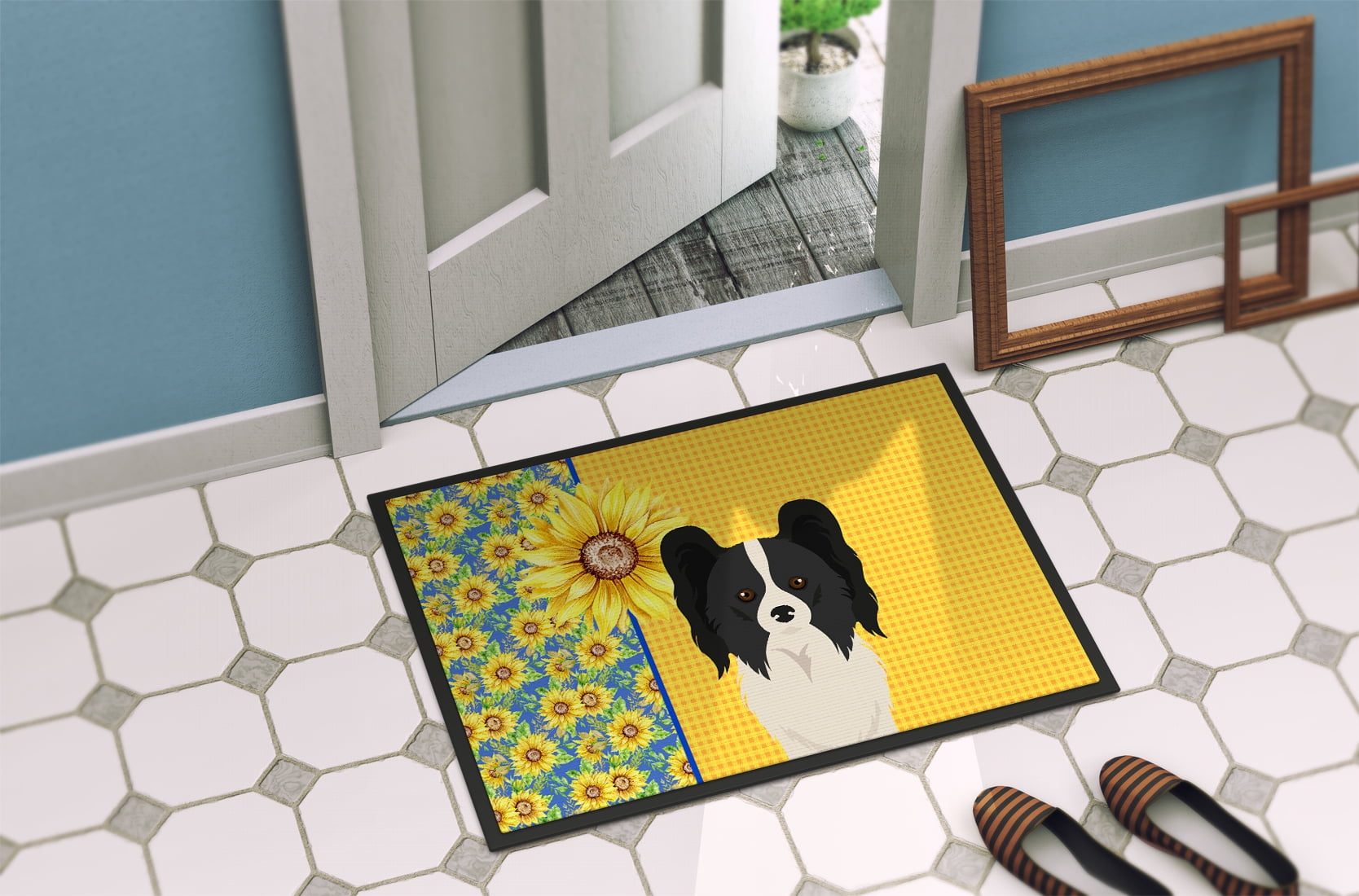 Carolines Treasures WDK5449JMAT 24 x 36 in. Summer Sunflowers Black & White Papillon Indoor or Outdoor Mat