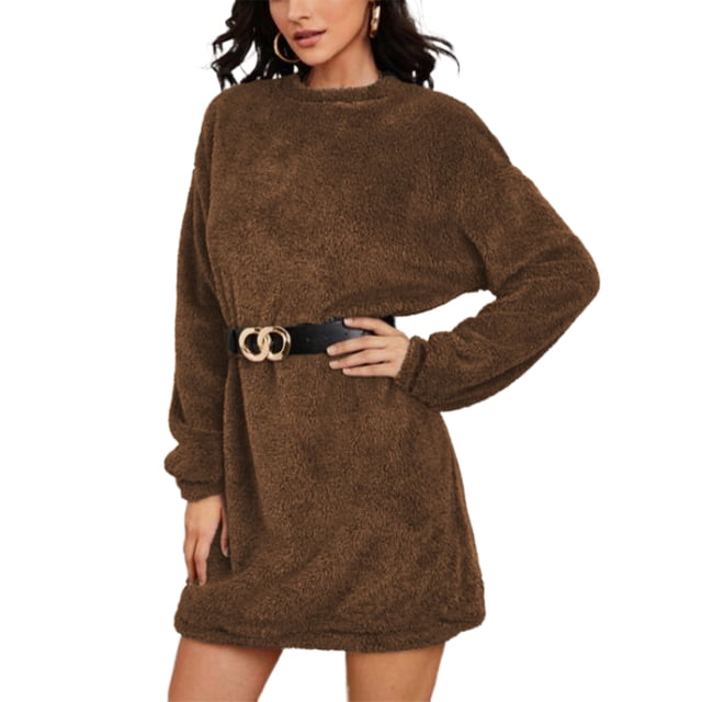 LUXUR Ladies Pullover Jumper Long Sleeve Sweater Dress Solid Color Mini Dresses Plain Crew Neck Brown L