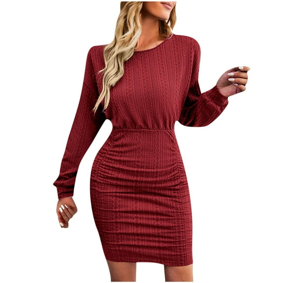 Ashirexll Midi Dresses for Women, Womens Long Sleeve Dresses, Fashion Round Neck Casual Versatile Fall Winter Day